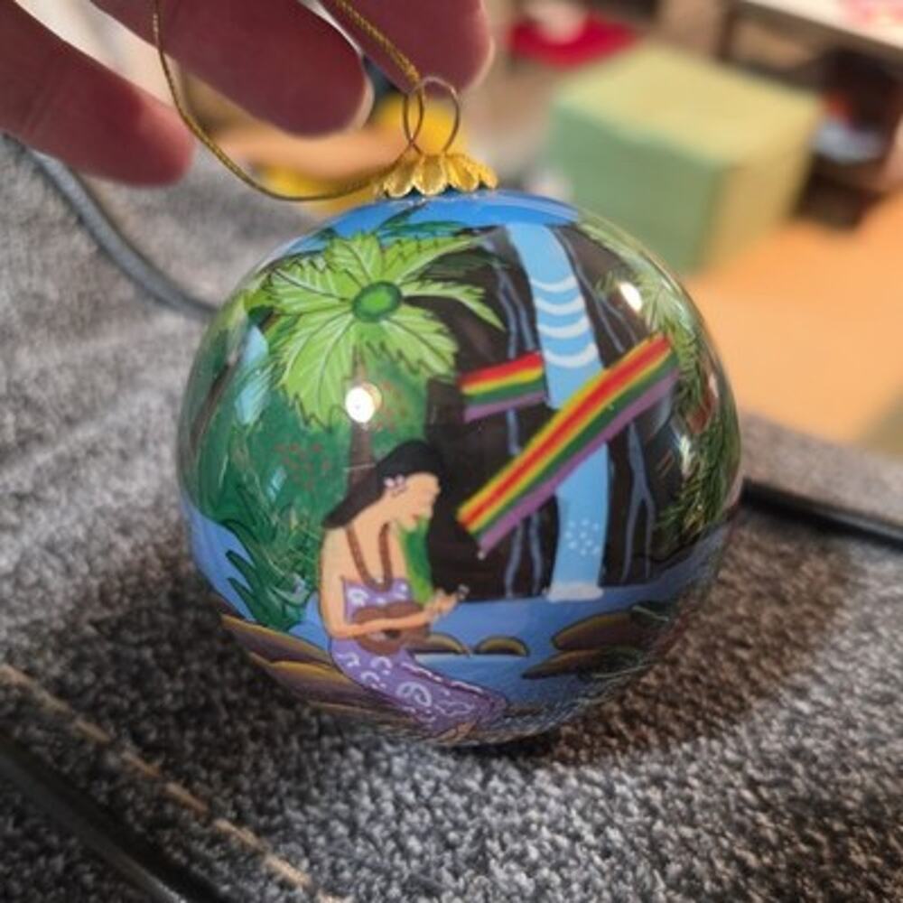 Maui Hawaii Hand-Painted Sunset Palm Tree Hanging Ball Christmas Ornament 3"